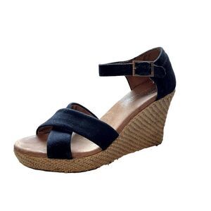 TOMS Canvas Cross Strap Platform Espadrille Wedge Sandals Black Womens Size 8